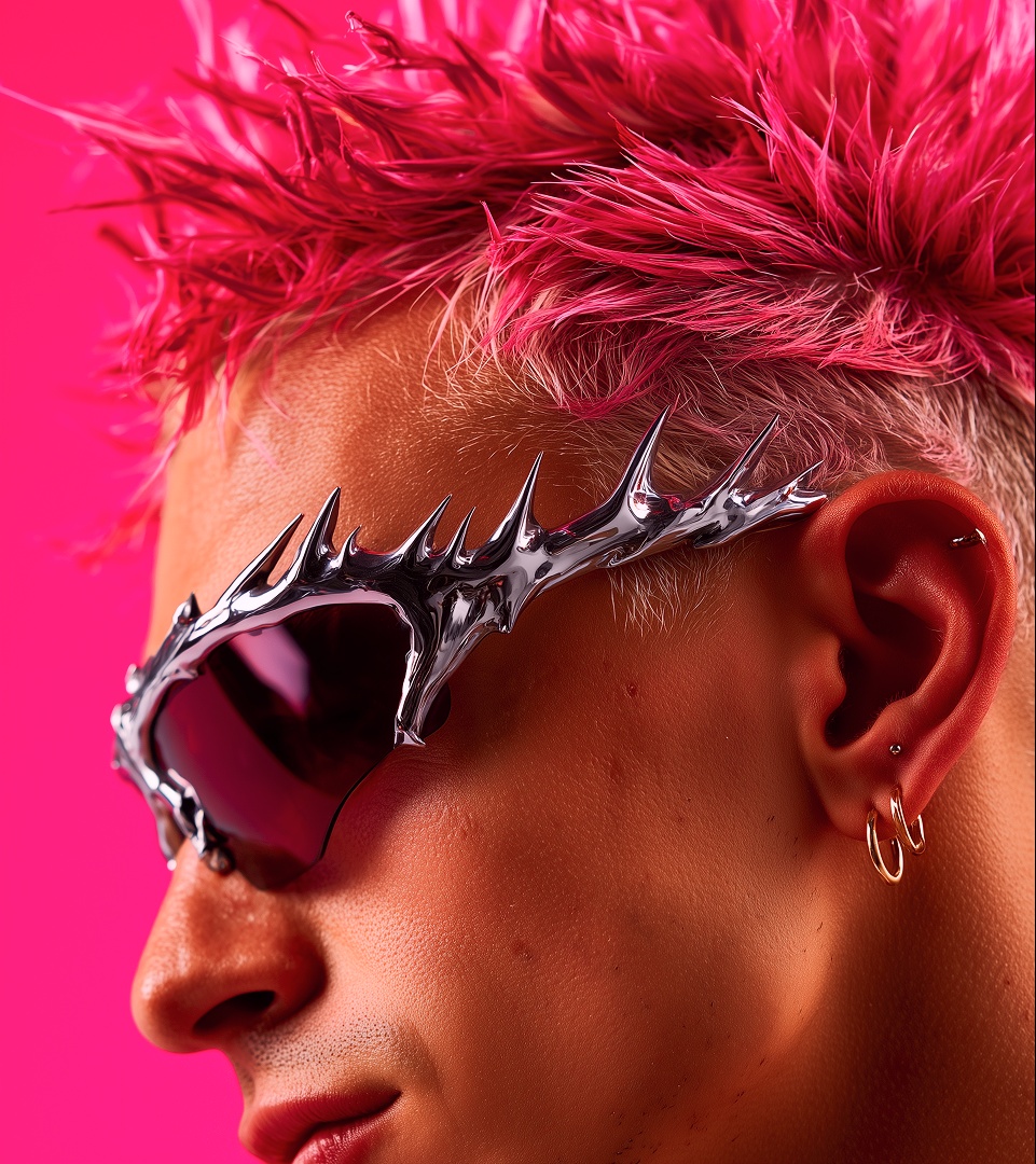 Pink-haired model wearing sculptural silver sunglasses