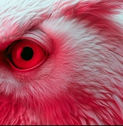 Pink and white feathers surrounding a vivid red bird’s eye